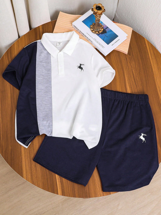 Tween Boys' Extended Size Patchwork Color Block Pattern Short Sleeve Polo Shirt And Shorts Set