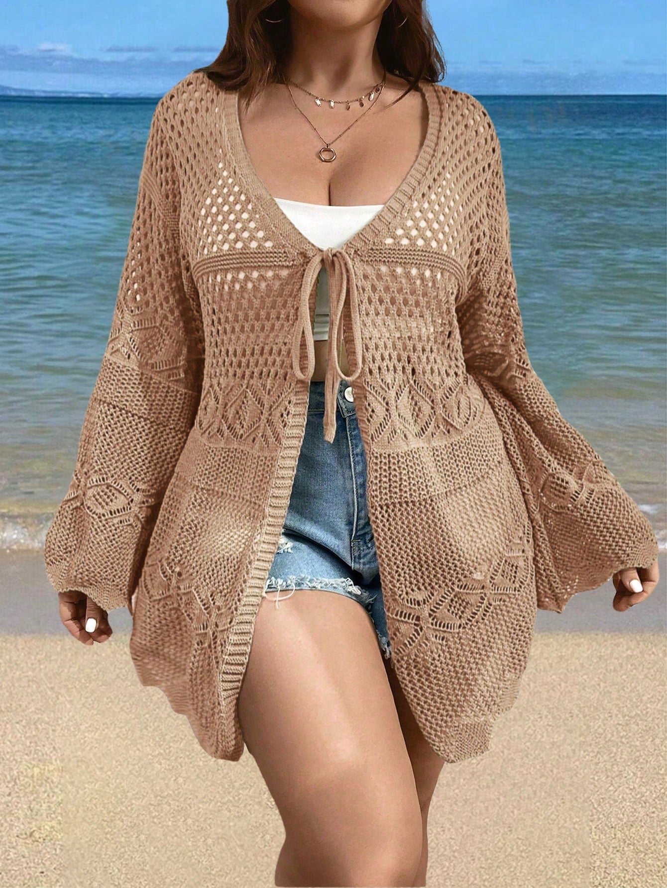 Plus Size Women Fashionable Solid Color Hollow Out Long Sleeve Cardigan