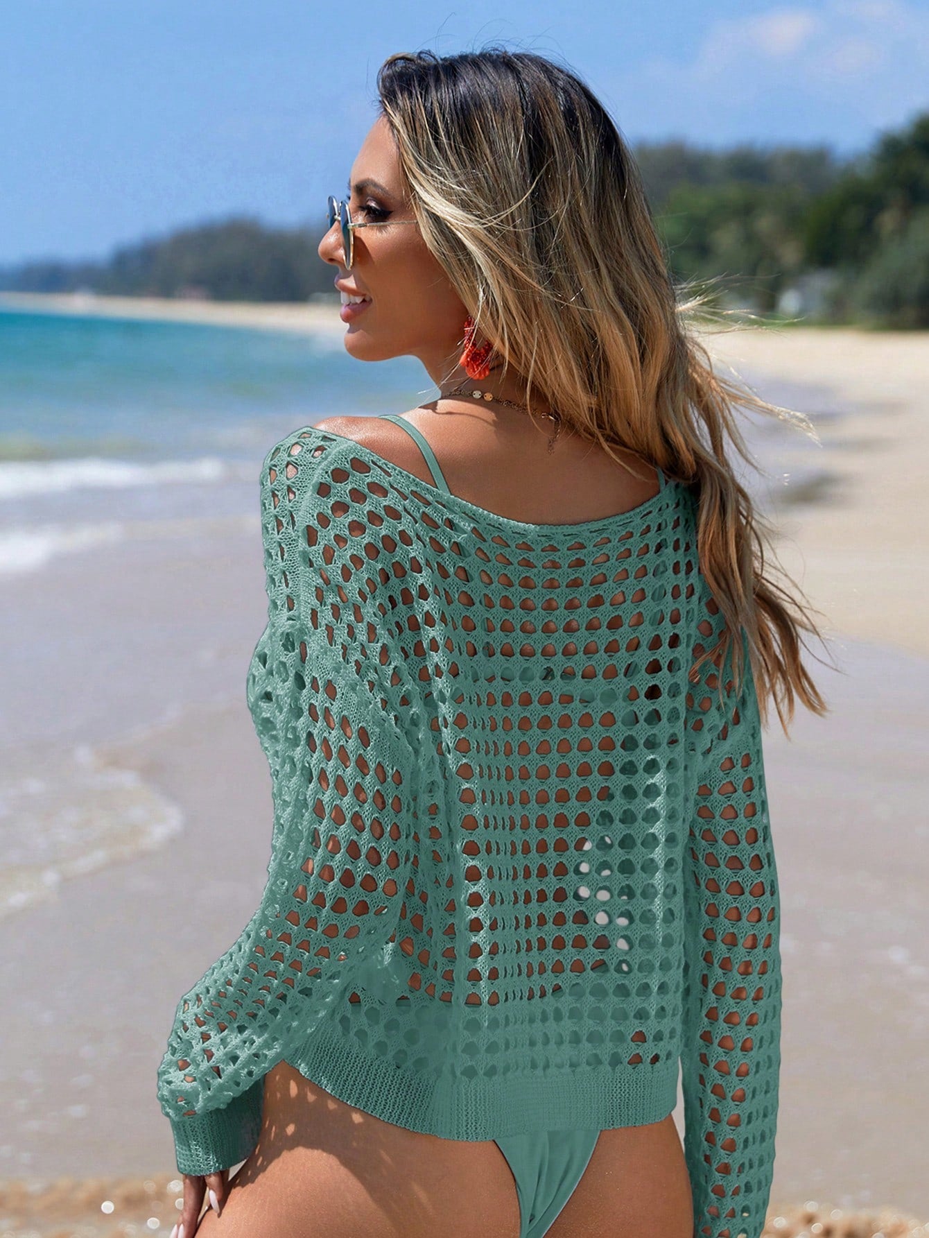 Swim Hollow Knitted Boat Neckline Dolman Sleeve Beach Vacation Summer Cover Up,Summer Beach