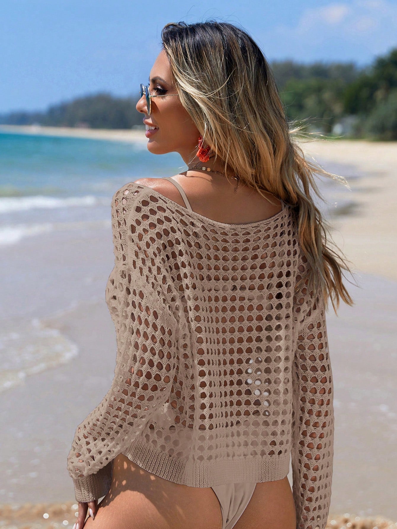 Swim Hollow Knitted Boat Neckline Dolman Sleeve Beach Vacation Summer Cover Up,Summer Beach