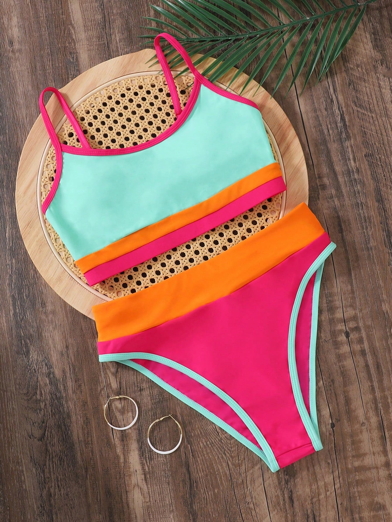 Teen Girl Summer Beach Color Block Tankini Set Bathing Suit, Vocation Swimsuit