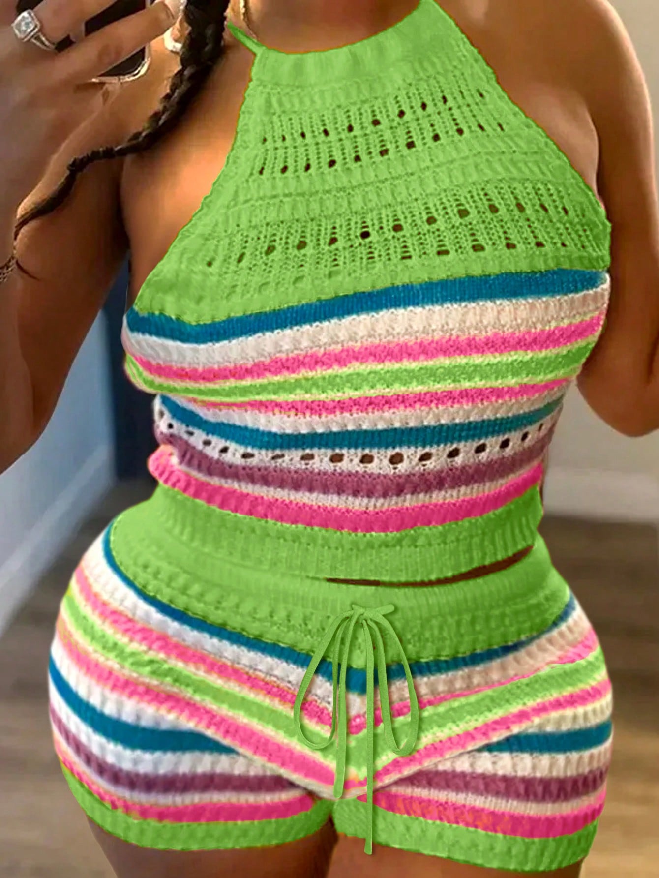 Plus Size Holiday Leisure Slim Fit Sleeveless Tube Top Rainbow Striped Women's Shorts Knitted Set With Neck Tie And Waist Tie, For Pride Month