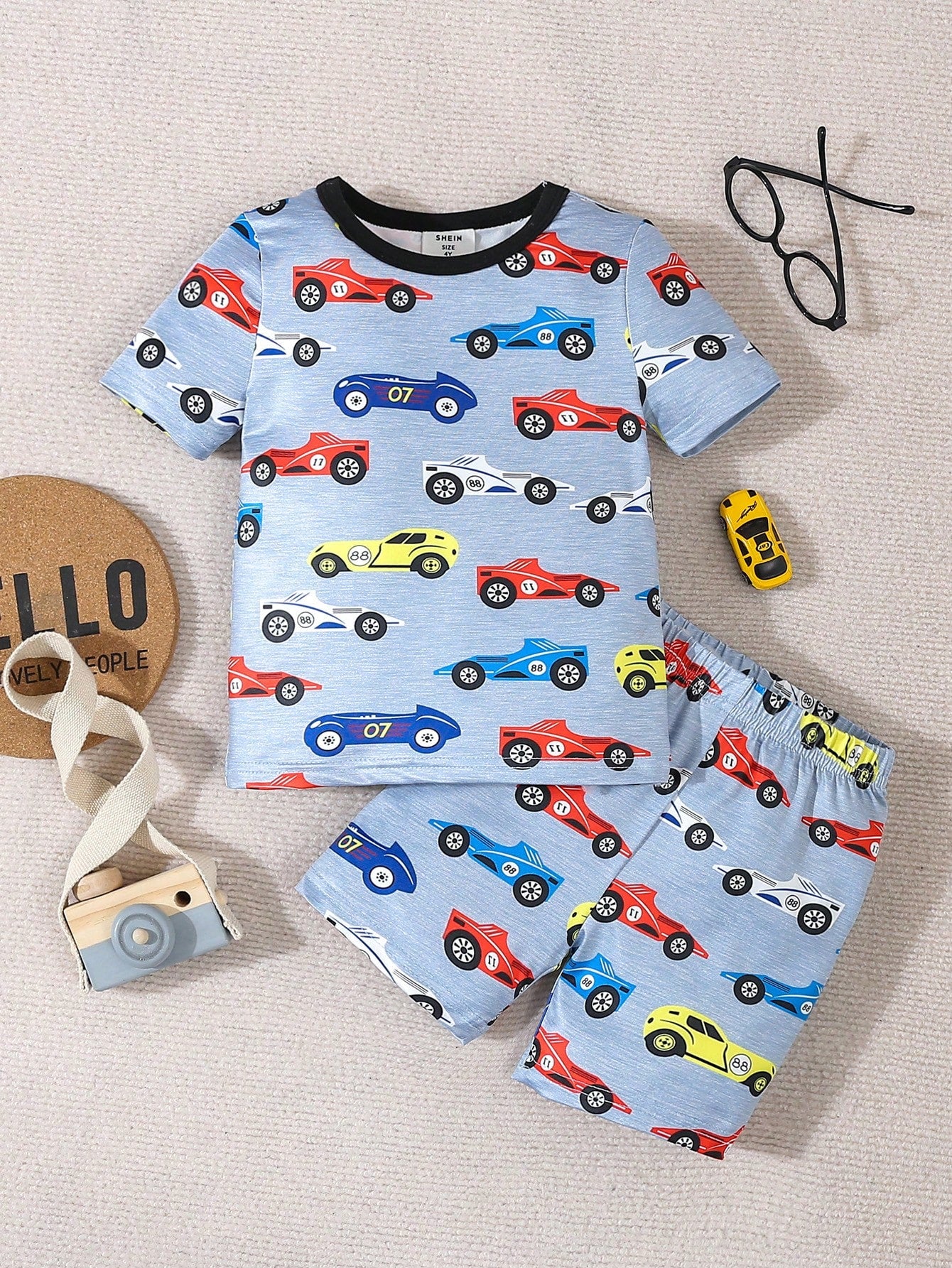 Young Boy 2pcs/Set Cartoon Car Pattern Short Sleeve Round Neck T-Shirt And Shorts Tight Homewear Set