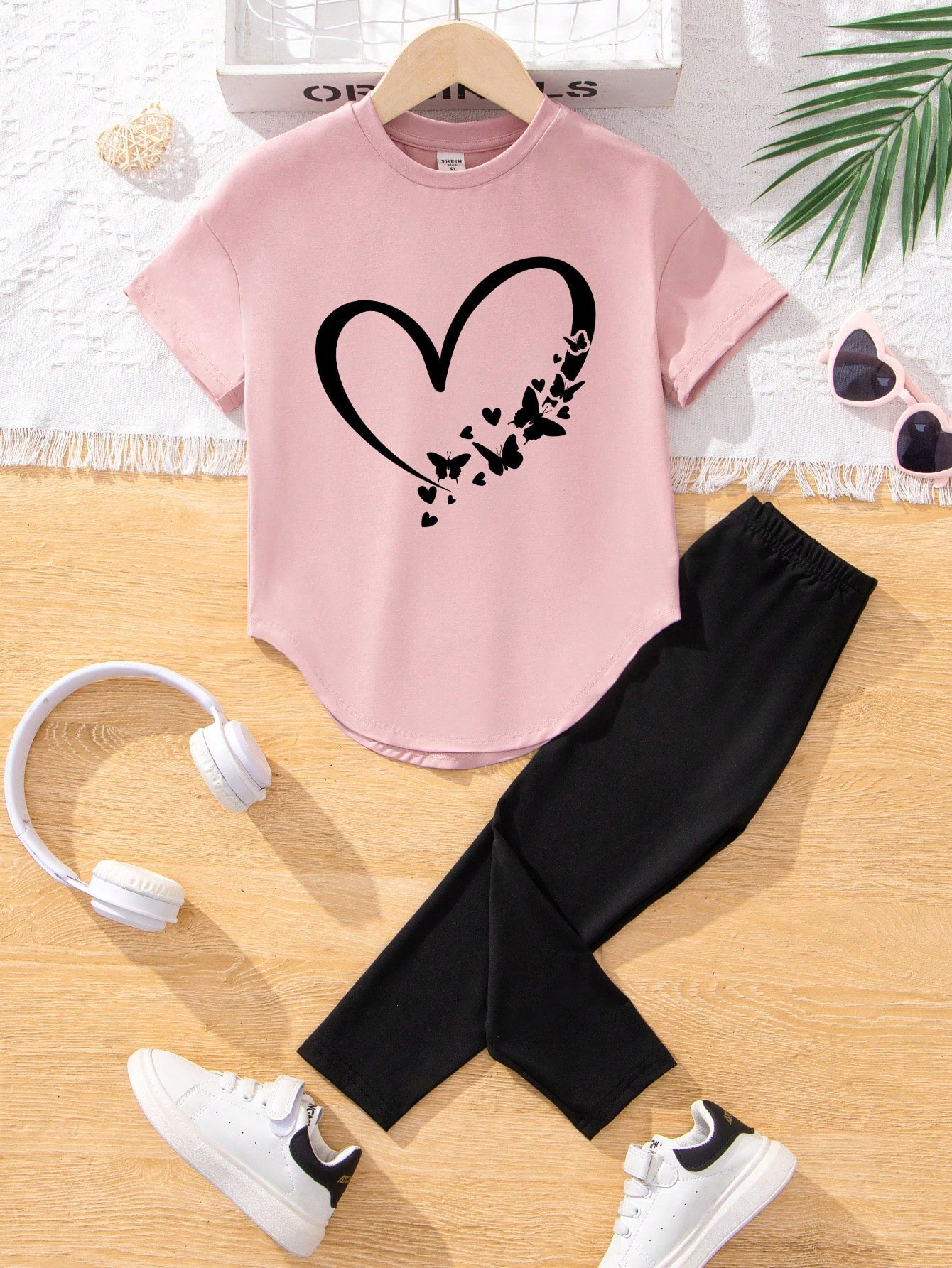 2pcs Tween Girls' Casual Heart Printed Pink Short Sleeve Crew Neck T-Shirt And Black Pants Set, Summer Back-To-School Outfit