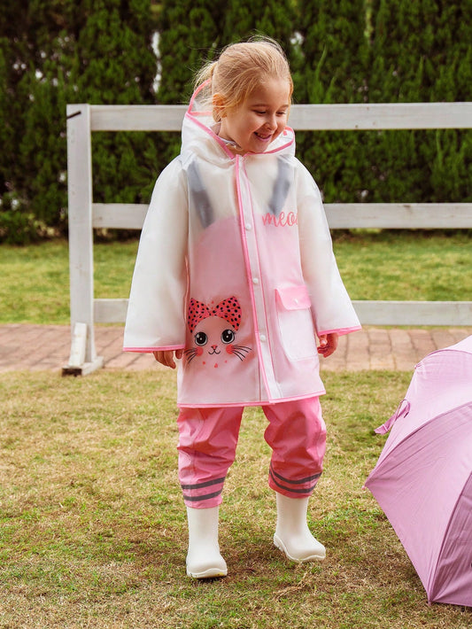 Girls' Transparent Pink Hemmed Raincoat With Cute Cat And Letter Print For All Seasons