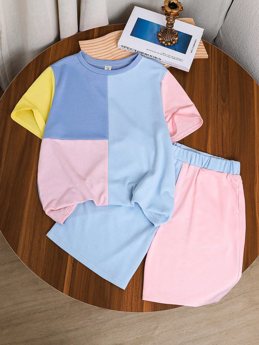 Tween Boys' Extended Size Casual Two-Piece Set Short Sleeve Color Block T-Shirt And Shorts