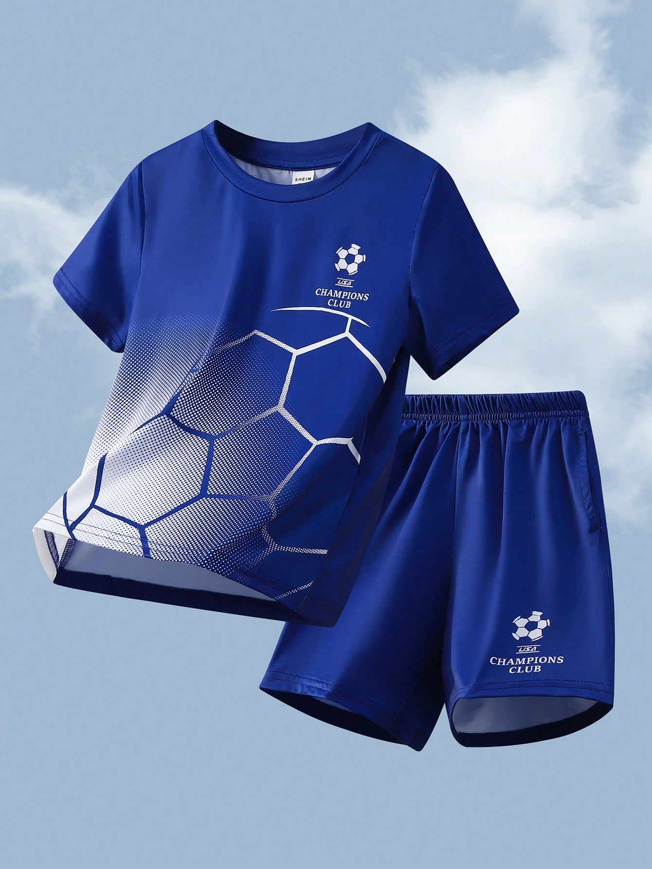 Young Boy Matching Casual Football Pattern Round Neck Short Sleeve T-Shirt And Shorts Sports Set