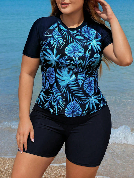 Swim Lushore Plus Size Women's Plant Printed Top Style Tankinis,Summer Beach