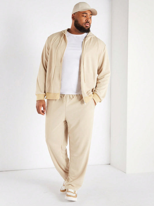 Men's Plus Size Solid Color Hooded Zipper Sweatshirt And Pockets Long Pants Casual Set