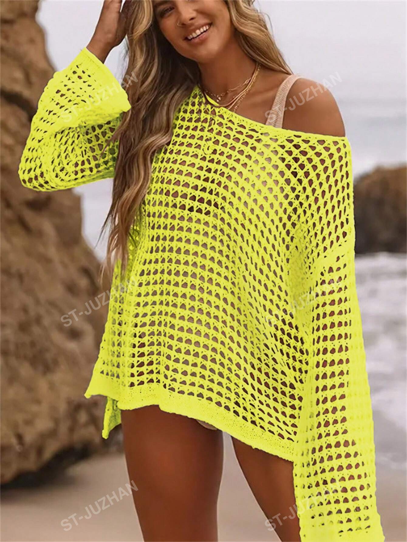 Women Knitted Hollow Out Beach Cover Up Cover Up Regular Fit Top