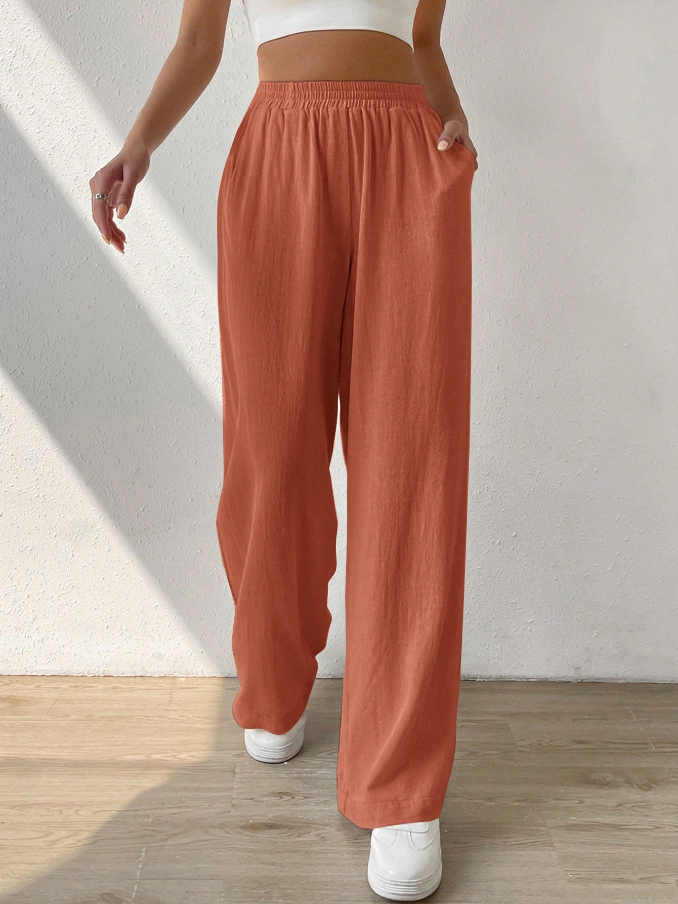 Solid Slant Pocket Wide Leg Pants