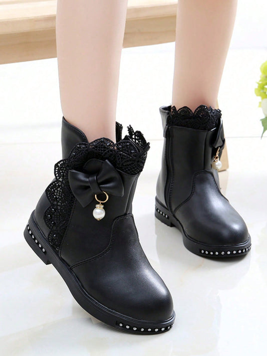 1pair Classic Lace Flower Ankle Boots With Pearls For Girls