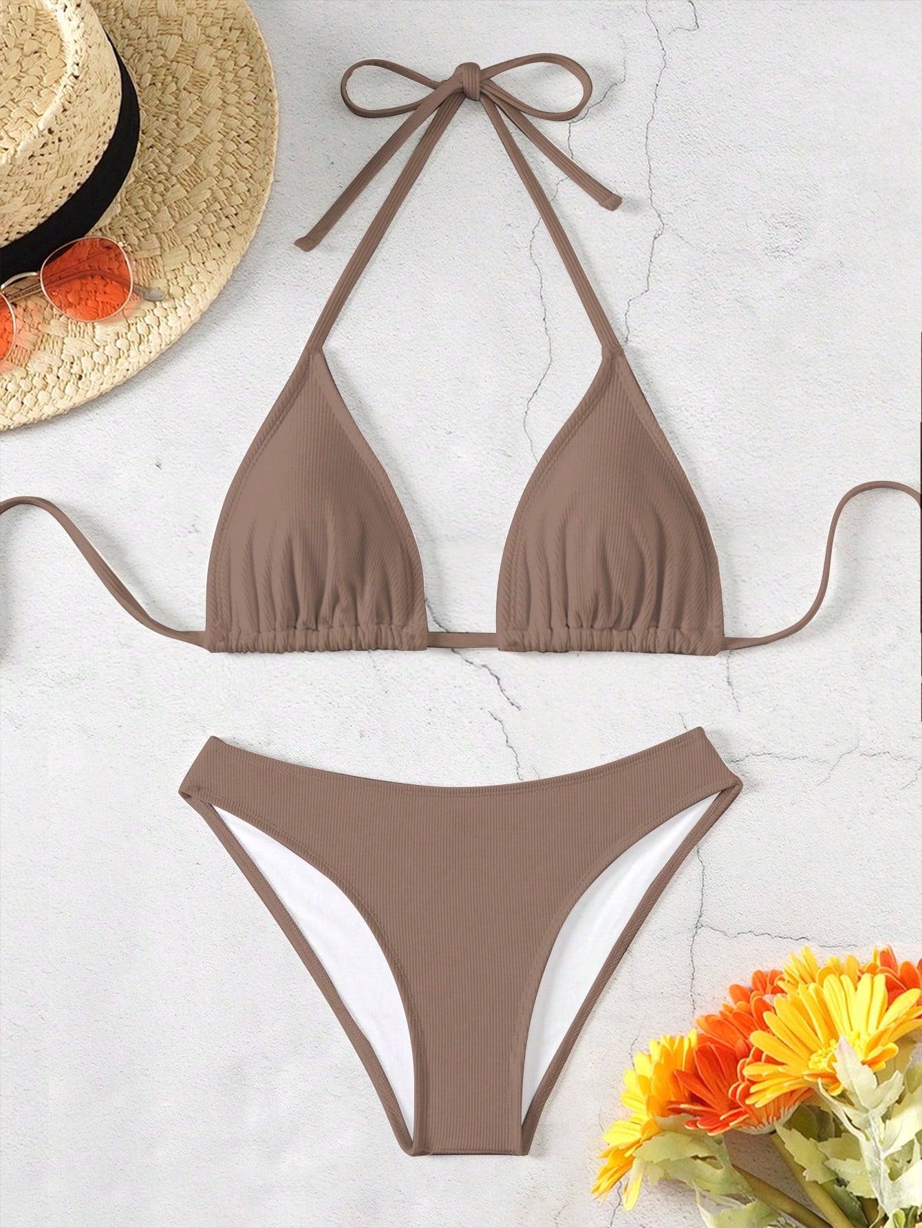 Swim Summer Beach Women's Solid Color Halter Neck Tie Sexy Bikini Set For Vacation