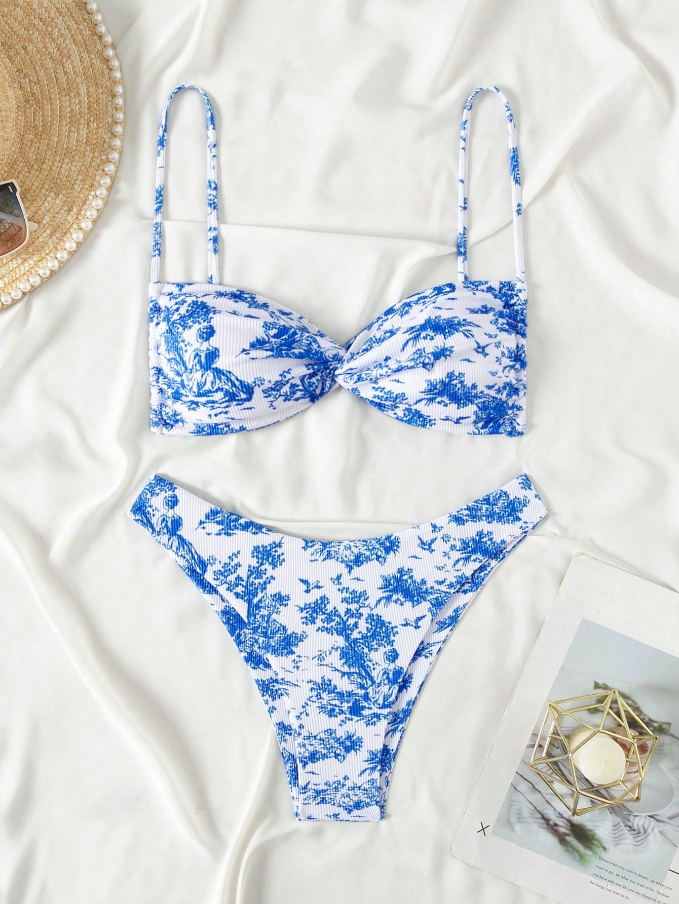 Women's Summer Beach Plant Printed Bikini Set, Sexy Twist Push-Up Two-Piece Bikini Set