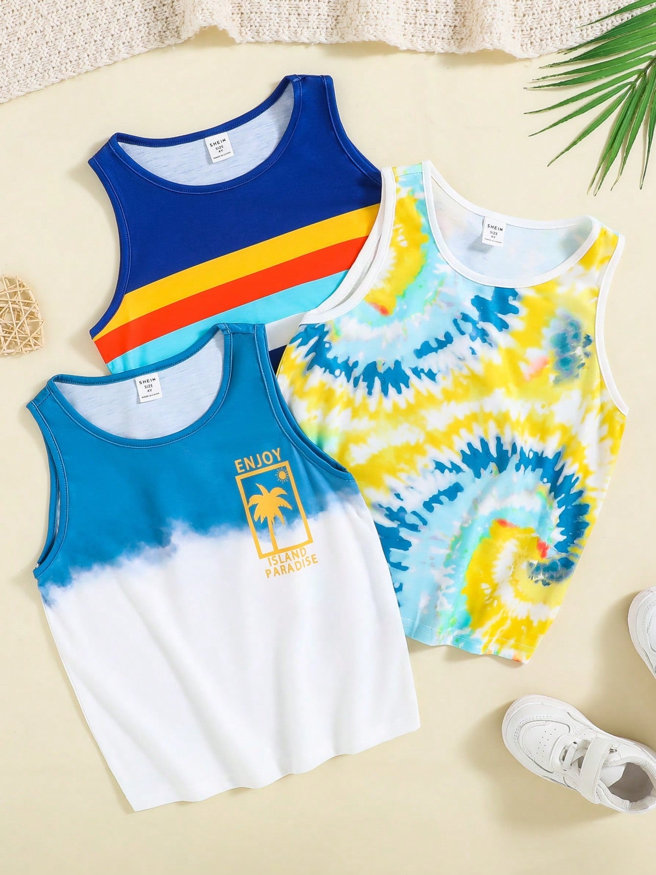 3pcs/Set Young Boys' Holiday Vacation Casual Round Neck Sleeveless Tank Top With Stripes, Ombre, Sun, Palm Tree, English Printed Pattern