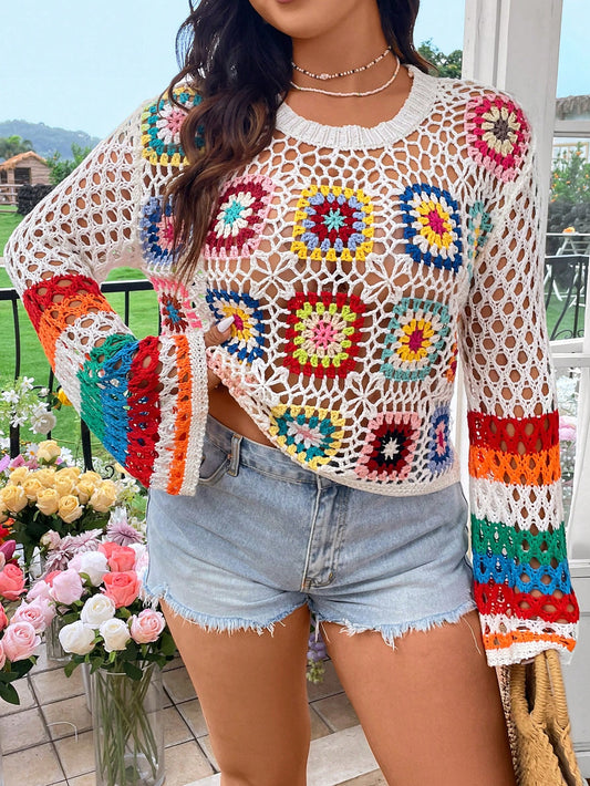 Plus Size Women's Floral Crochet Turtleneck Hollow Out Sweater, Ideal For Vacation