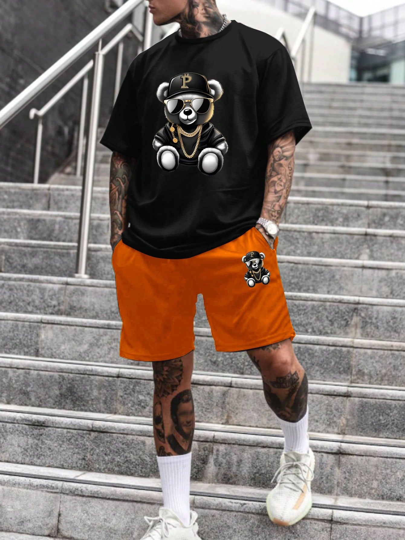 Men Casual Daily Wear Spring/Summer Short Sleeve T-Shirt And Shorts Set With Bear Print