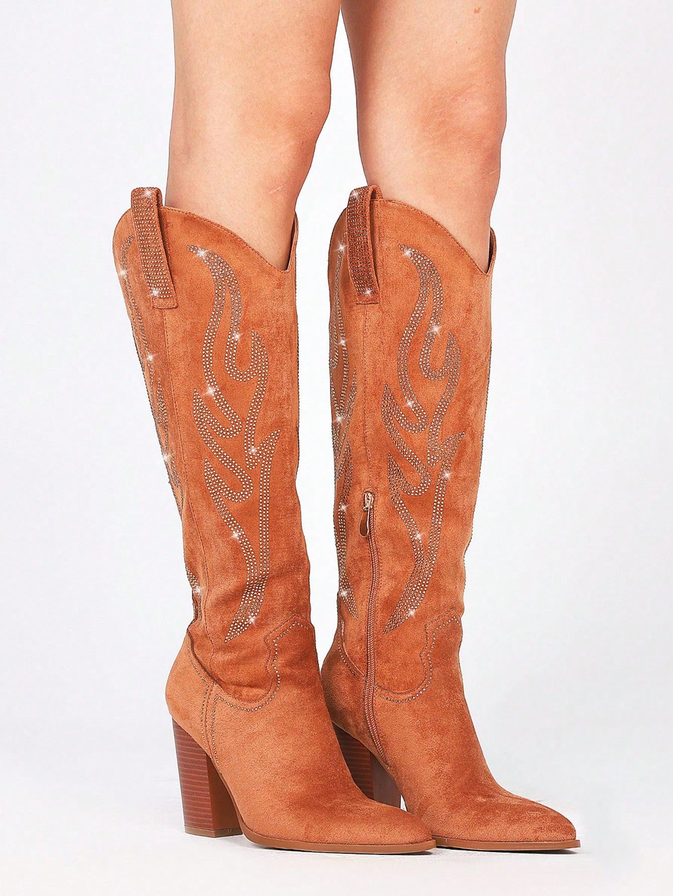 Suede Knee High Cowboy Boots For Women Rhinestones Embroidered Pointed Toe Chunky Heel Side Zip Pull-On Western Cowgirl Boots