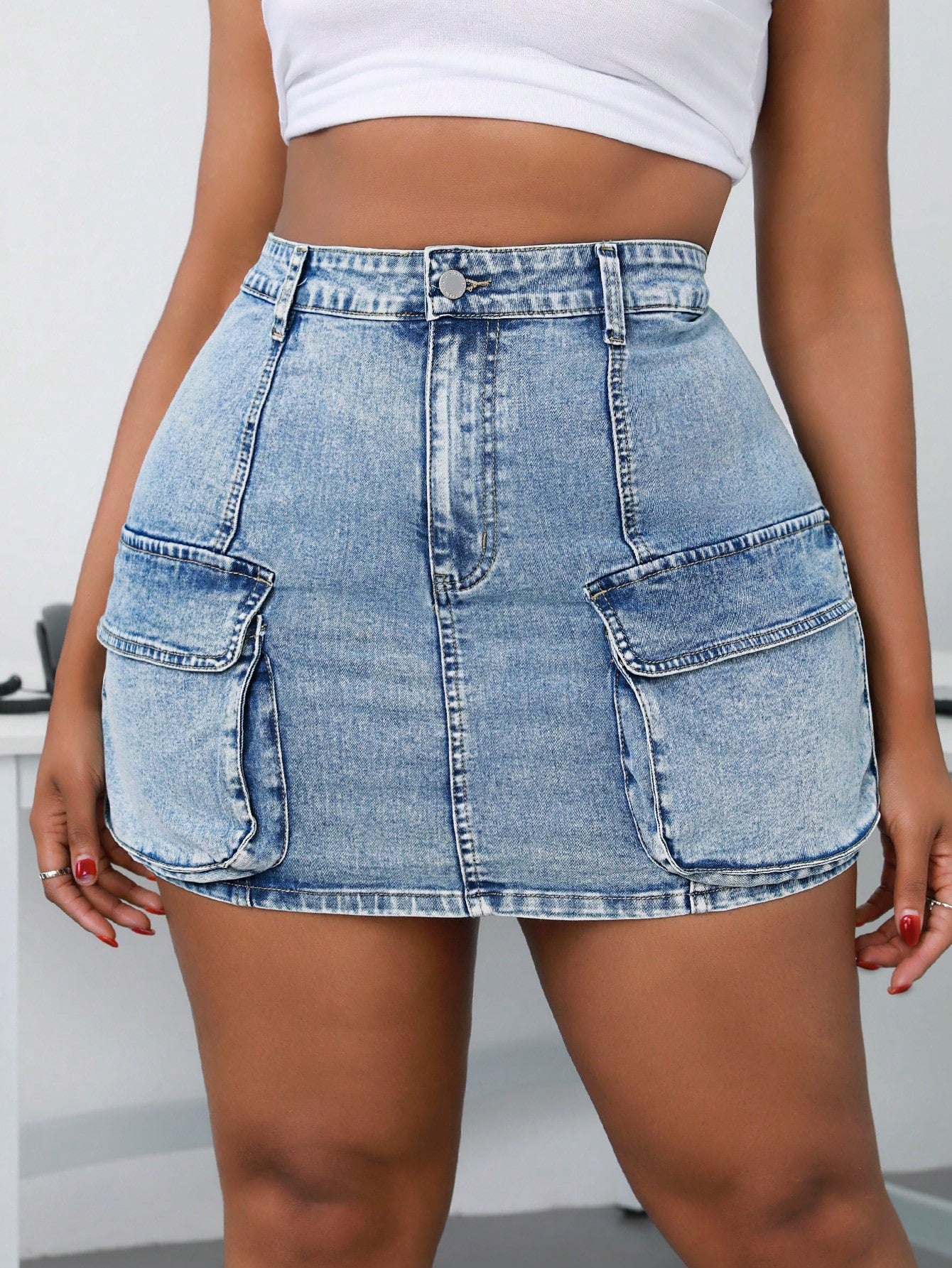 Plus Size Women Casual Denim Cargo Skirt With Pockets