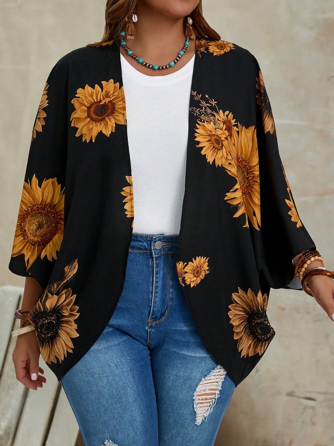 Plus Size Floral Print Casual Long Sleeve Jacket