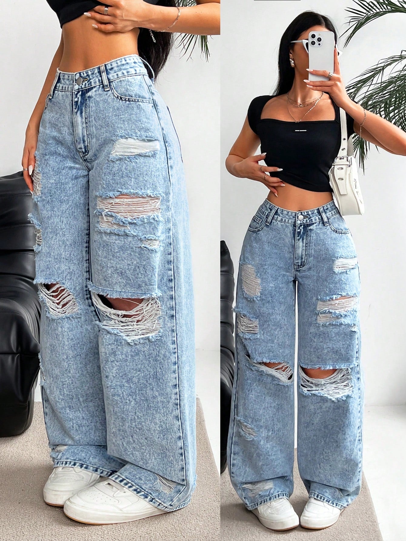 Women's Fashionable Distressed & Fading Loose Fit Jeans