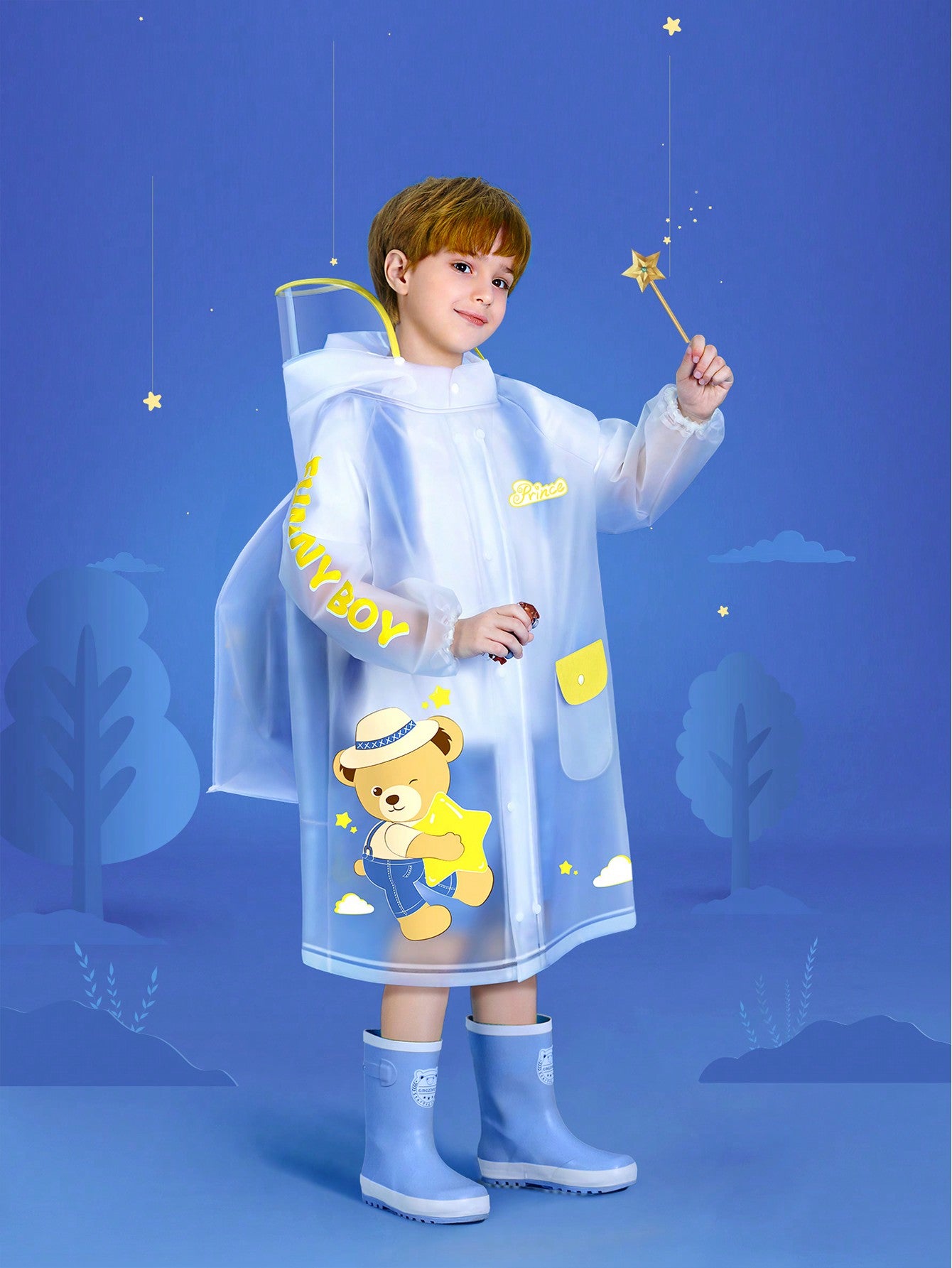 Kids Raincoat, Translucent With Star And Bear Patterns