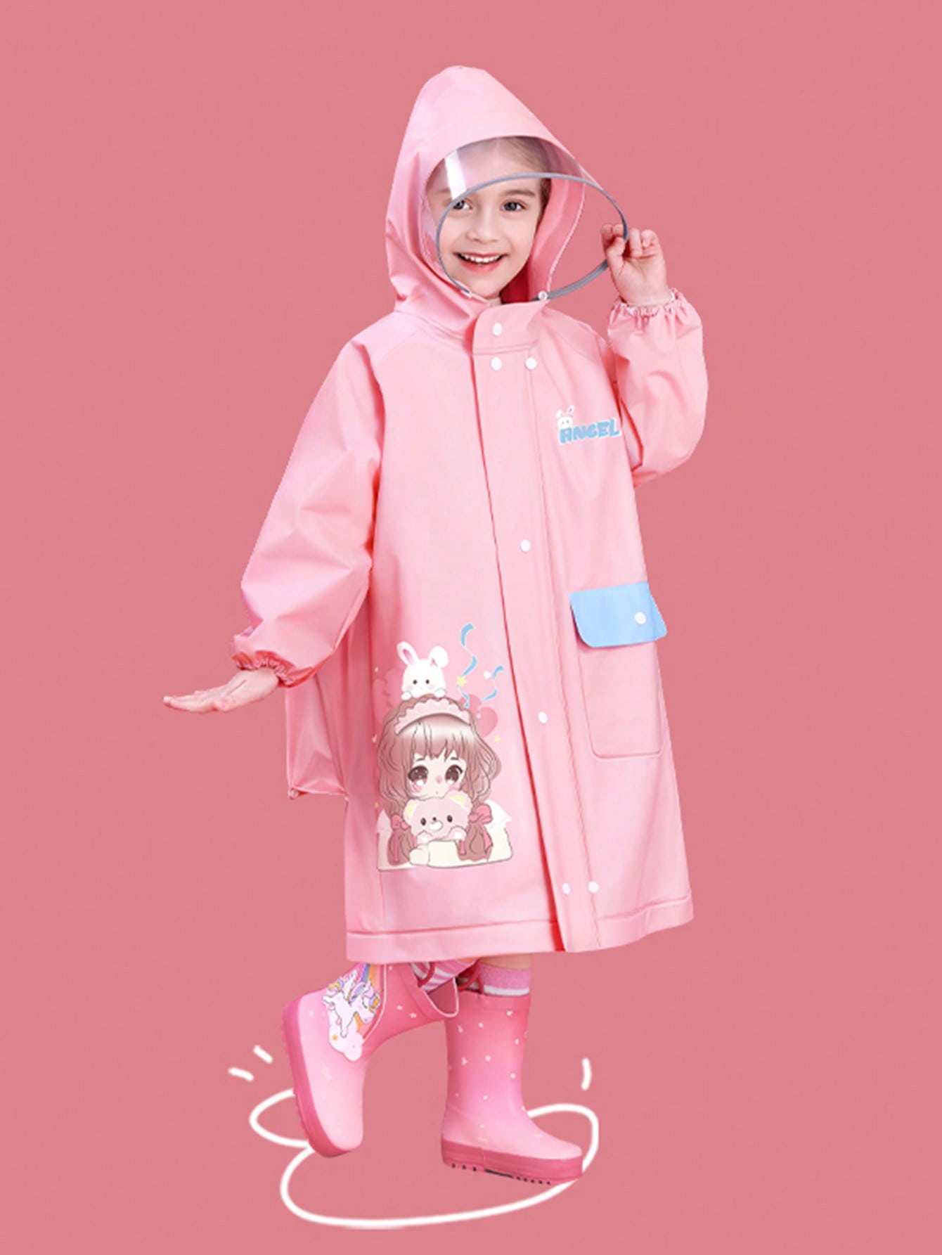 F16 EVA Children Raincoat, Pink Loli Snap Button Design