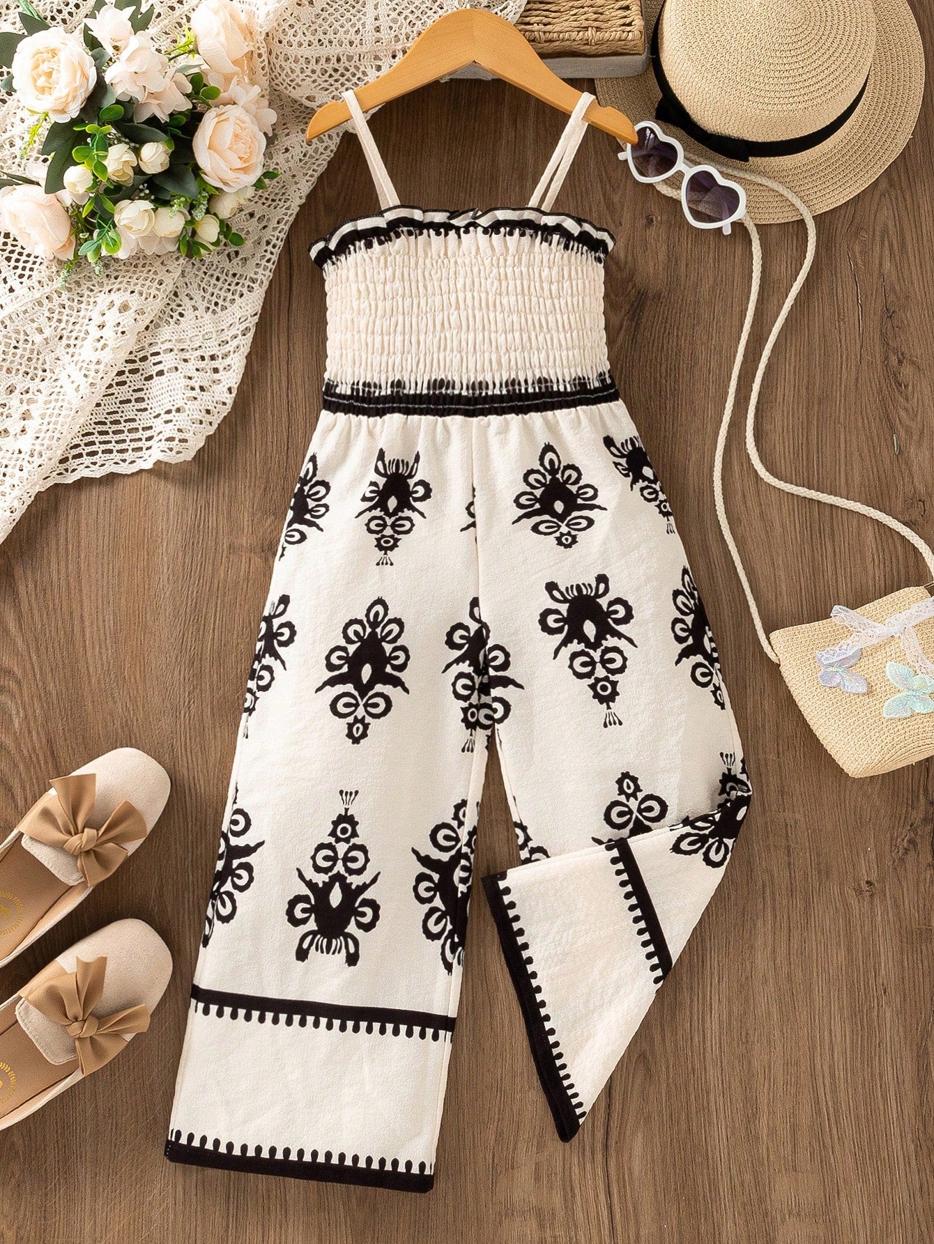 Young Girl Vintage Bohemian Texture Holiday Jumpsuit, Comfortable And Breathable Fabric With Flattering Drapes, Black & White Totem Ethic Printed, Simple Yet Elegant And Suitable For Spring/Summer Parties, Outings And Vacations