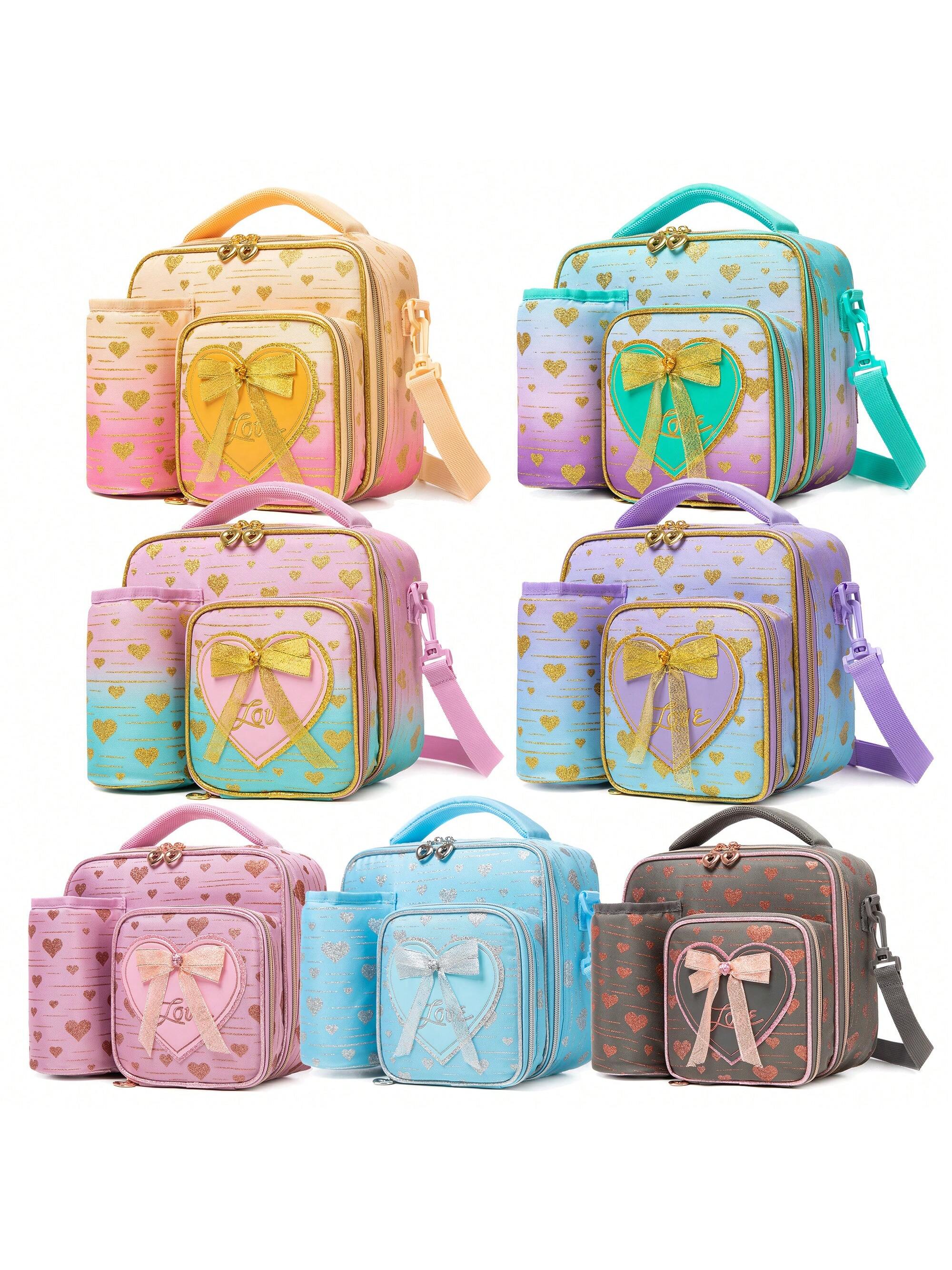 1pc Ribbon Bow Love Hot Gold Printing Girls Thermal Children Lunch Bag Kindergarten Pupils Lunch Bag Shoulder Bag Tote Bag