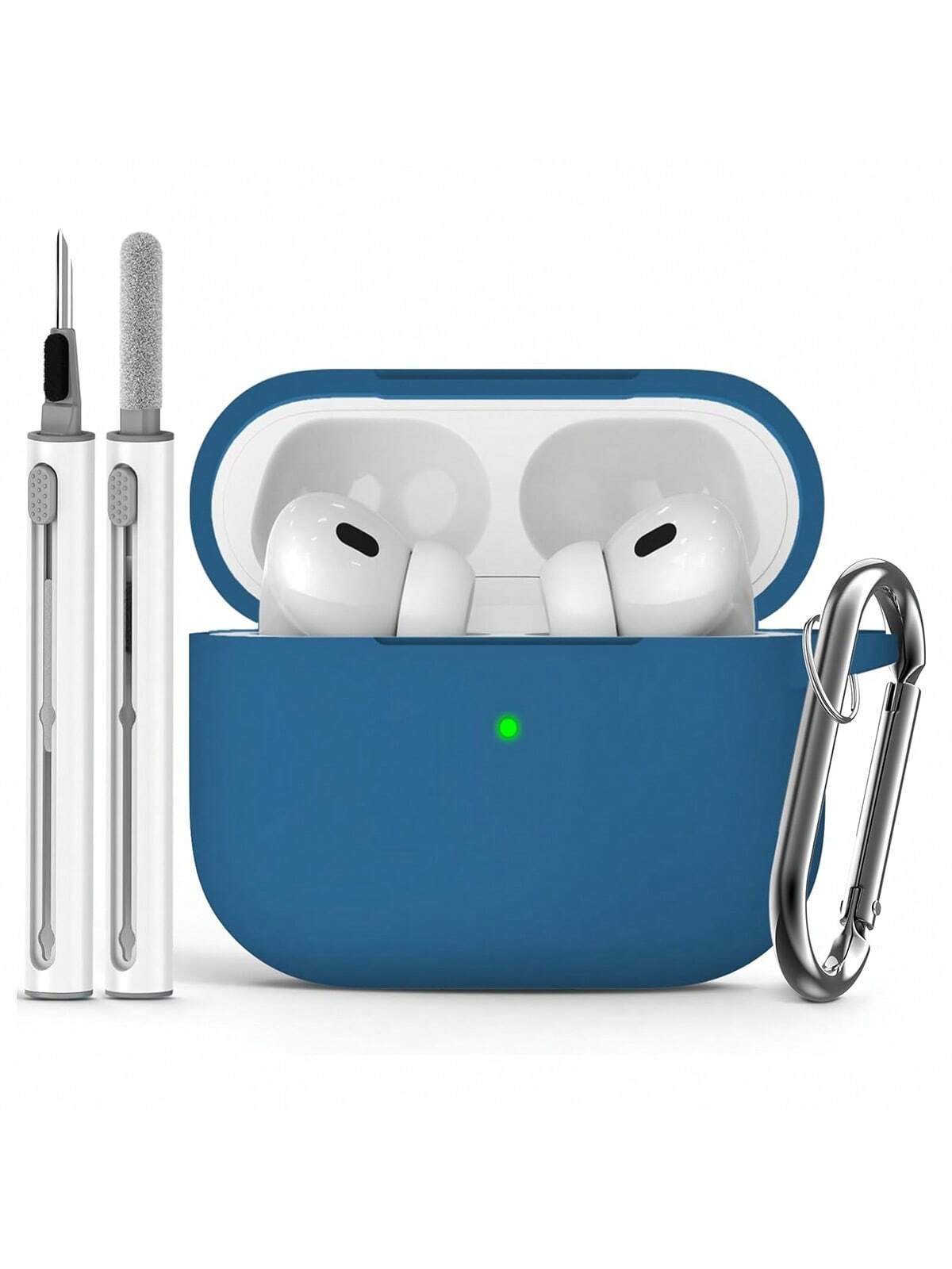 1pc Solid Color Silicone AirPods Protective Case With Carabiner And Cleaning Pen