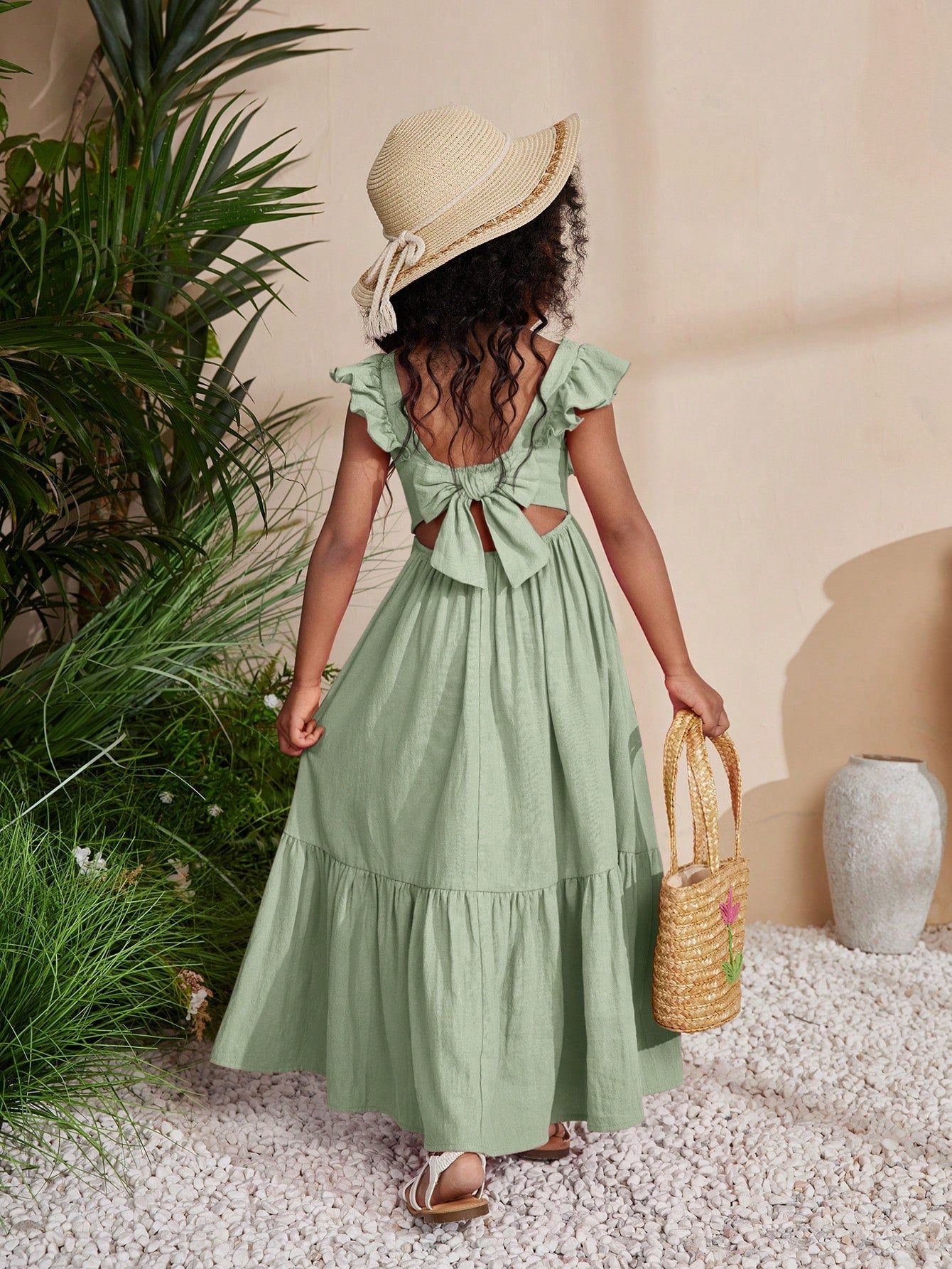 Young Girl Chiccola Music Festival Woven Solid Color Square Neck Sleeveless Maxi Dress