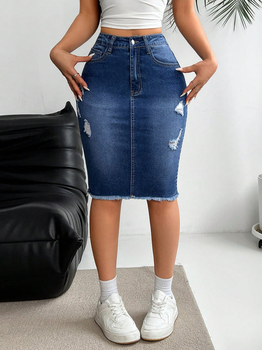 Summer Casual Distressed Frayed Hem Slim Fit Denim Skirt