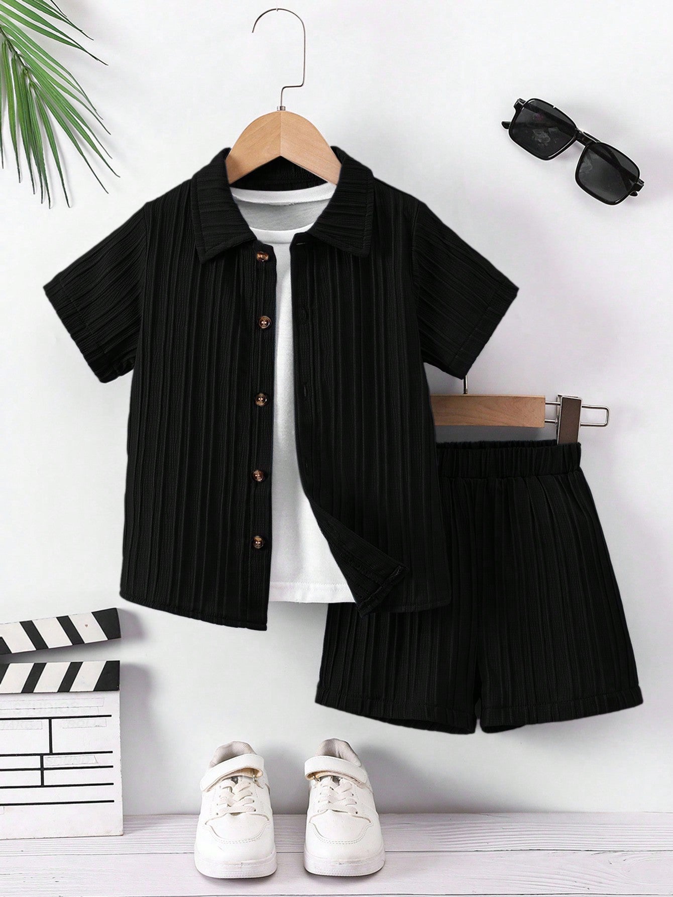 Young Boy Solid Button Front Shirt & Shorts Without Tee