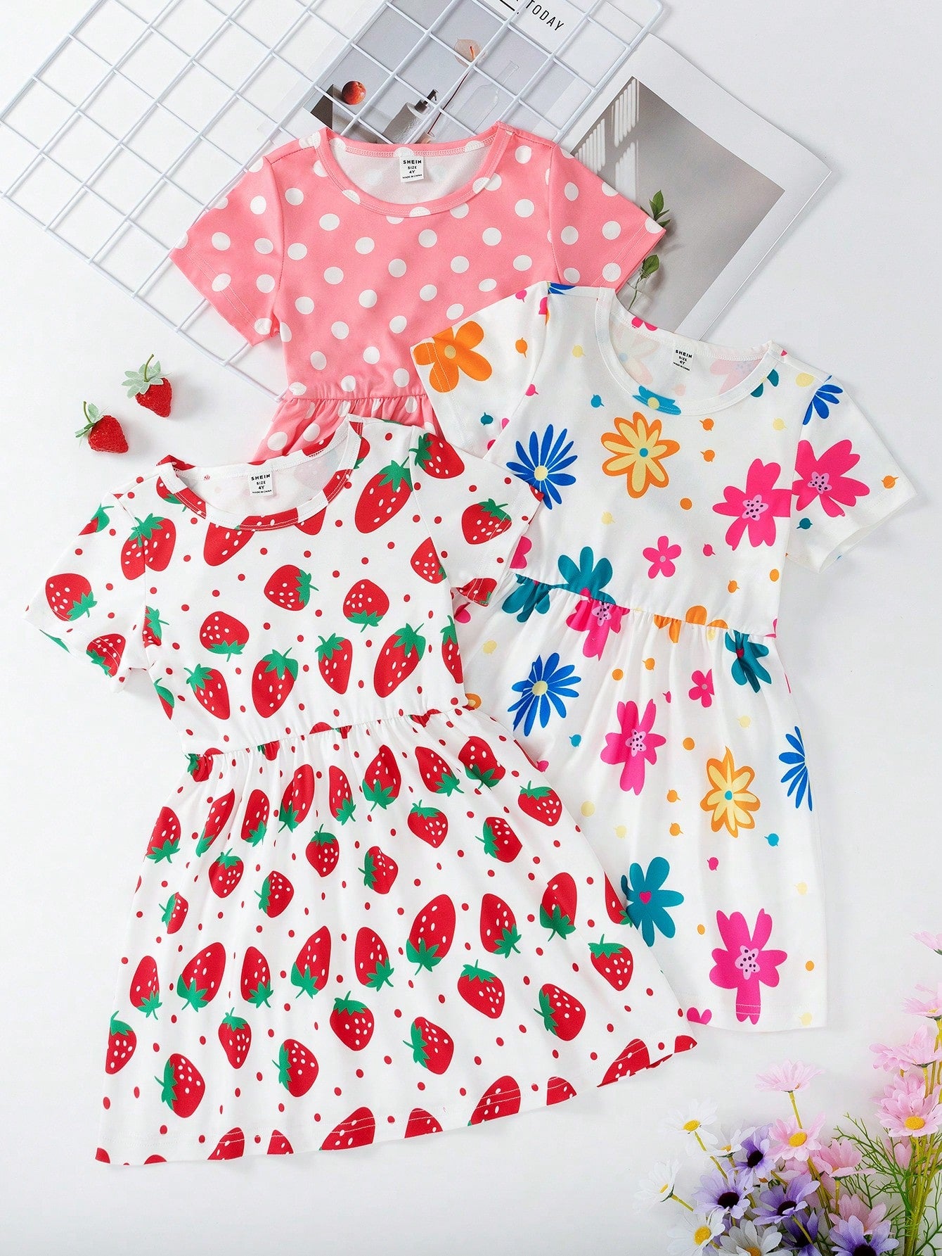 Young Girls Floral & Polka Dot Print    3-Piece Summer Dress Set