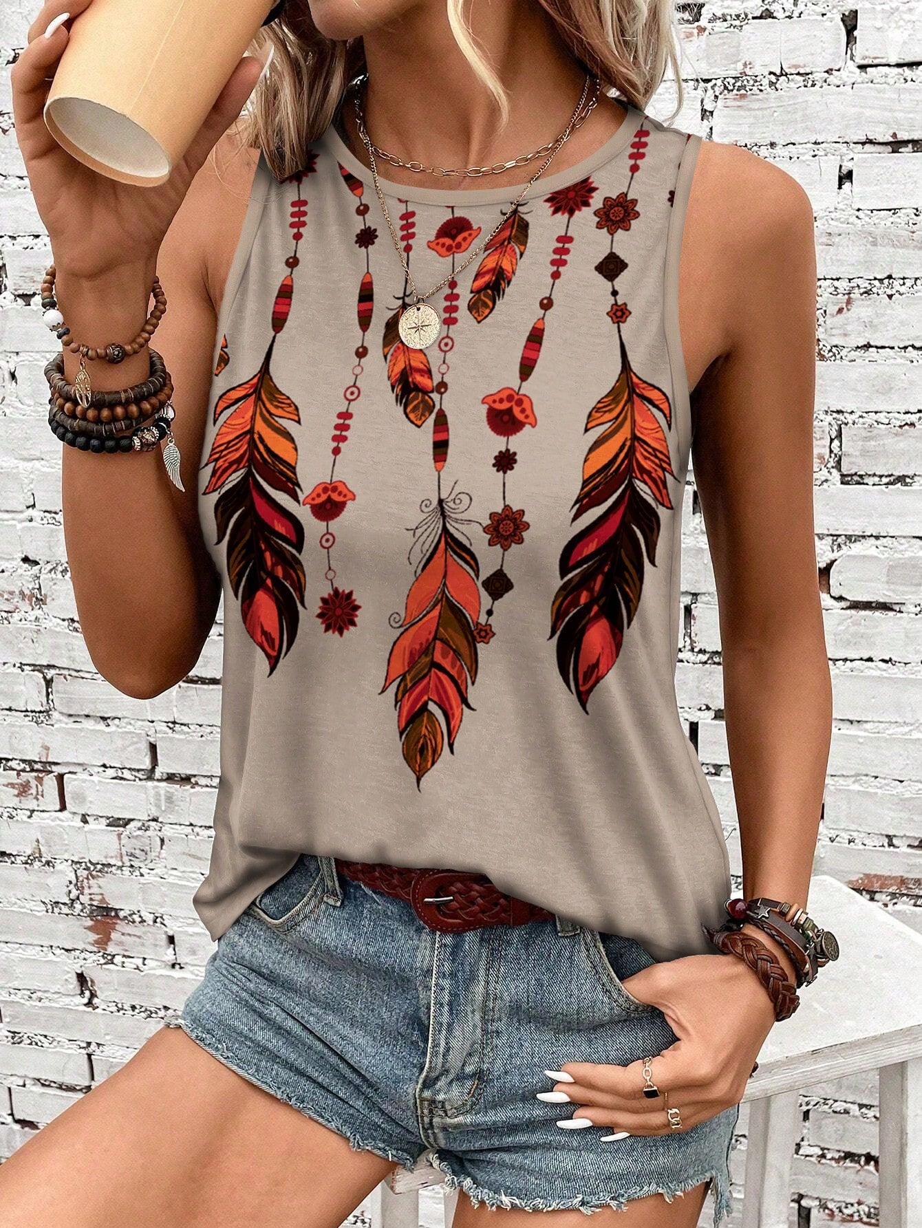 Feather Printed Vacation Style Women Camisole, Spring & Summer