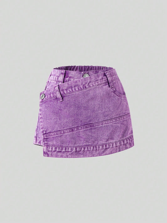 Young Girl Y2K Street Style Cool Purple Heavy Washed Denim Skorts With 2 In 1 Design