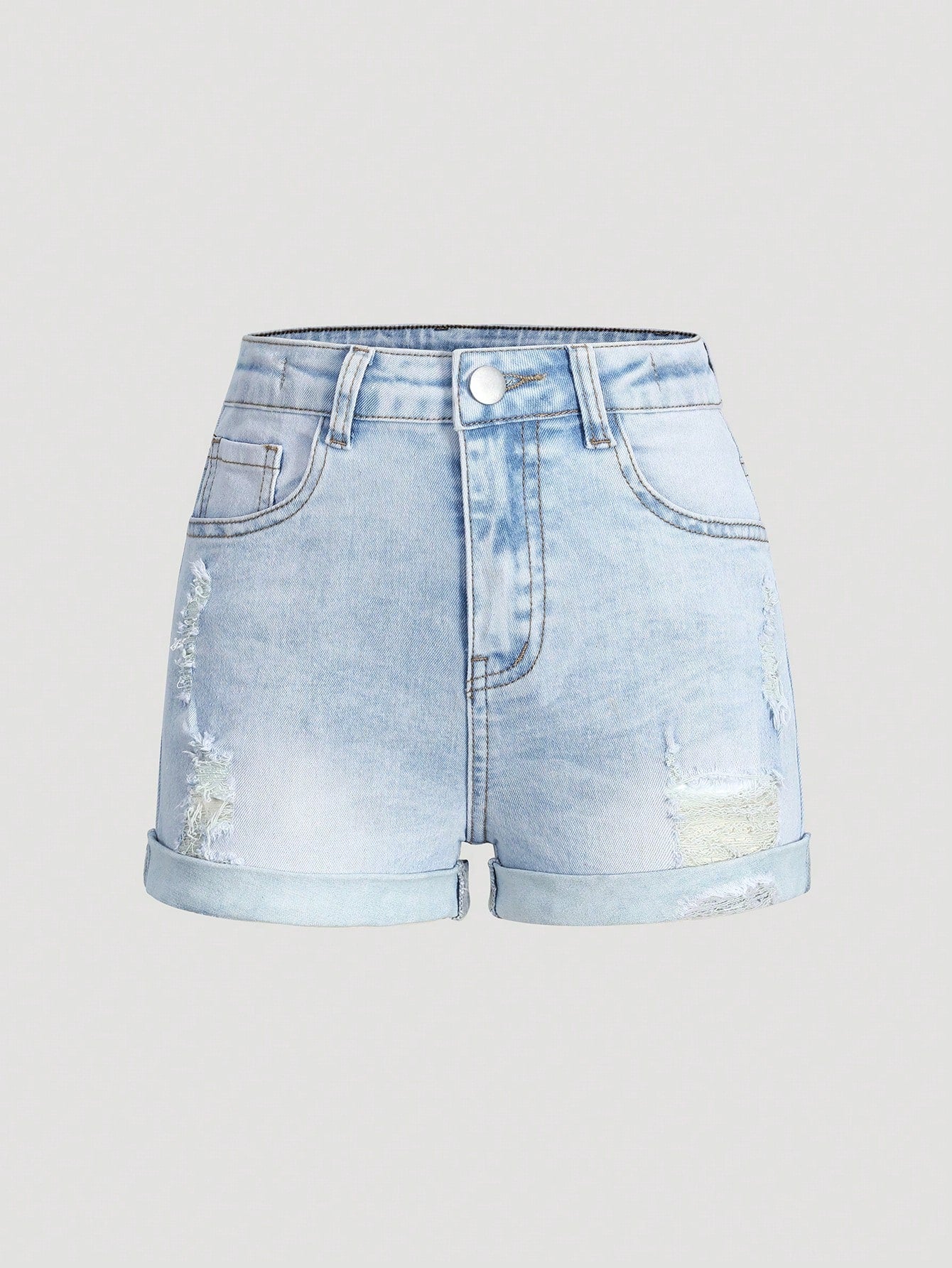 Tween Girl Casual Stretchy Frayed Hem Denim Shorts With Distressed Design