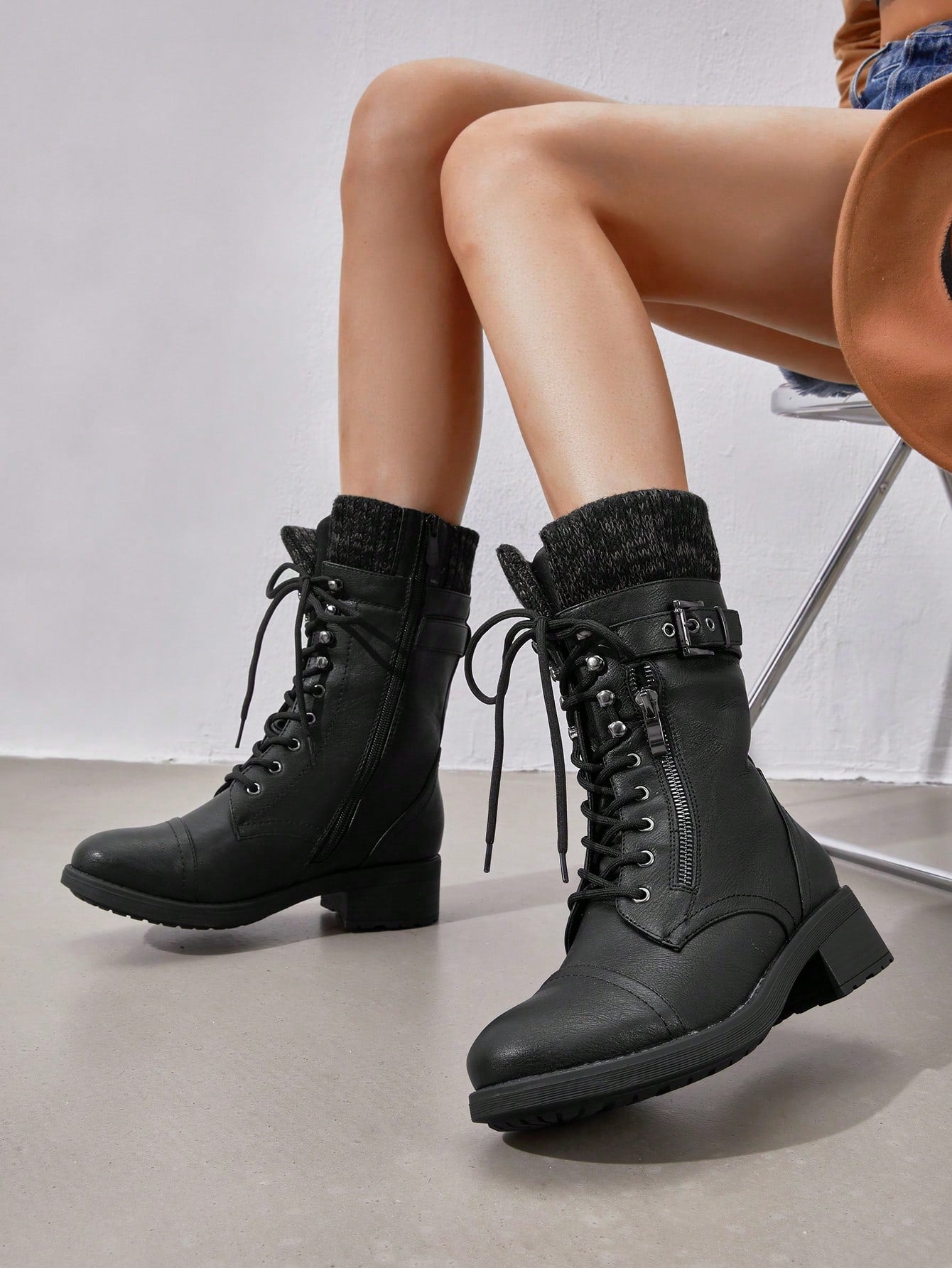 Women's Black Mid Calf Combat Riding Boots