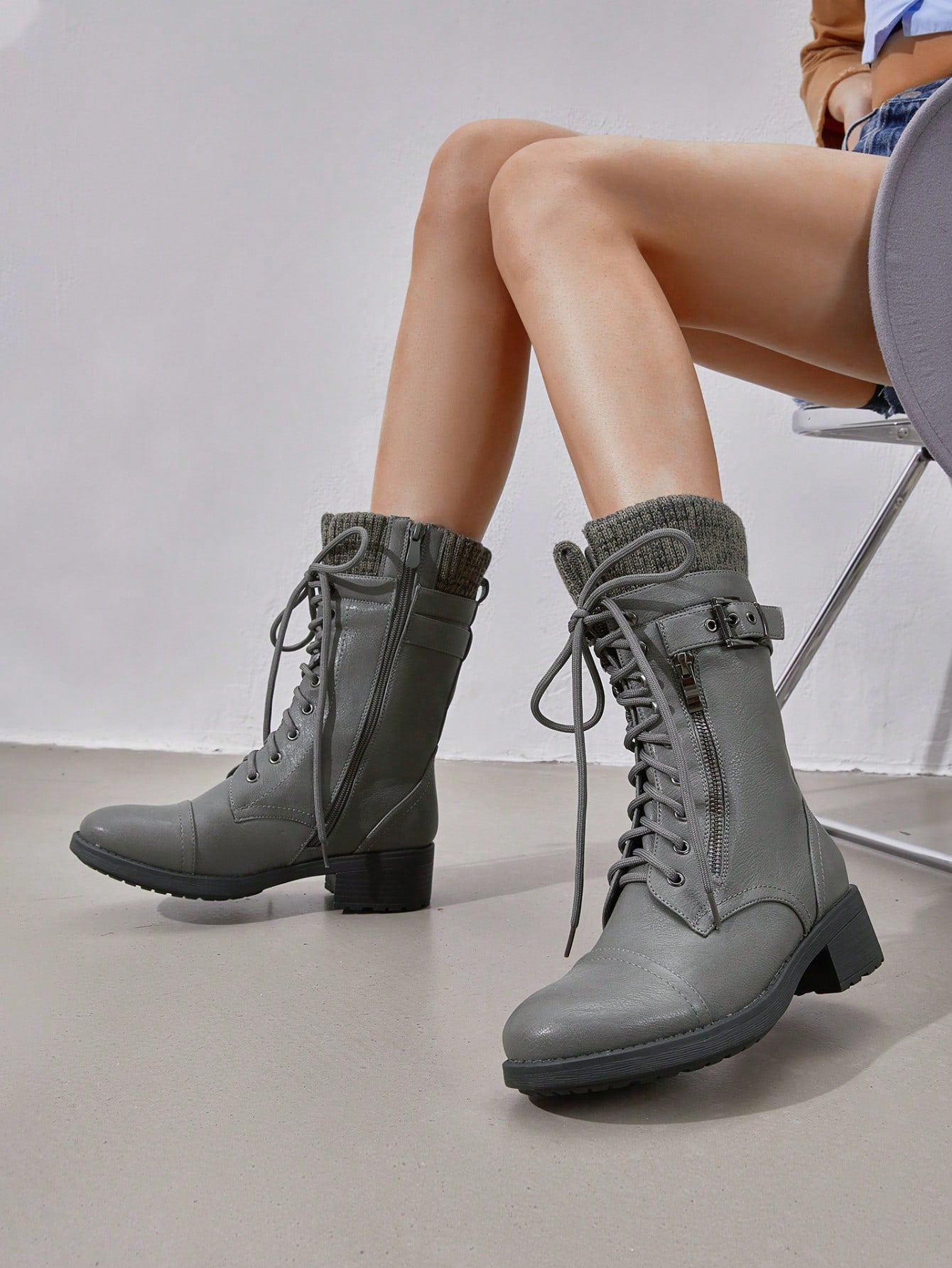 Women's Black Mid Calf Combat Riding Boots