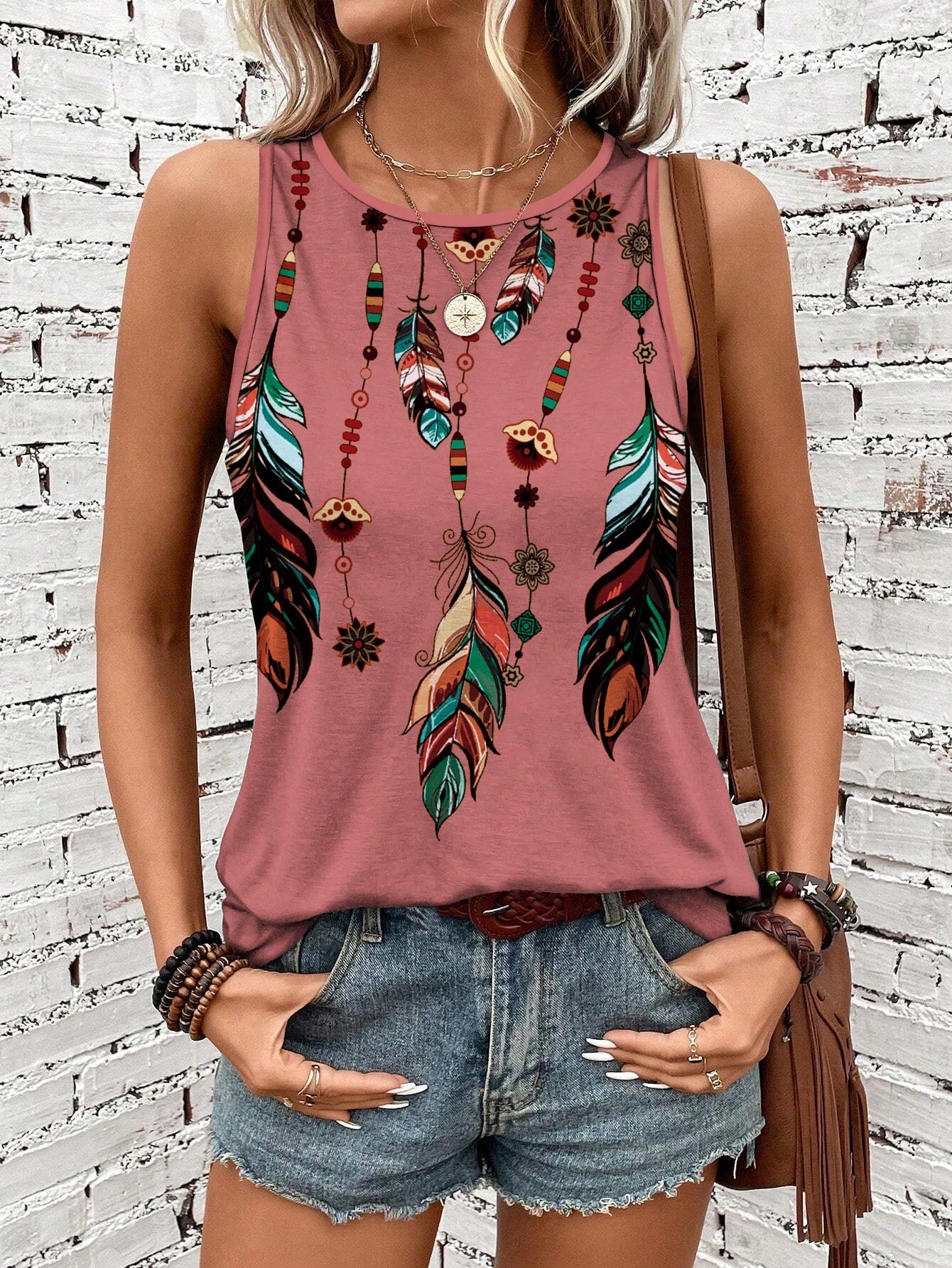 Feather Printed Vacation Style Women Camisole, Spring & Summer