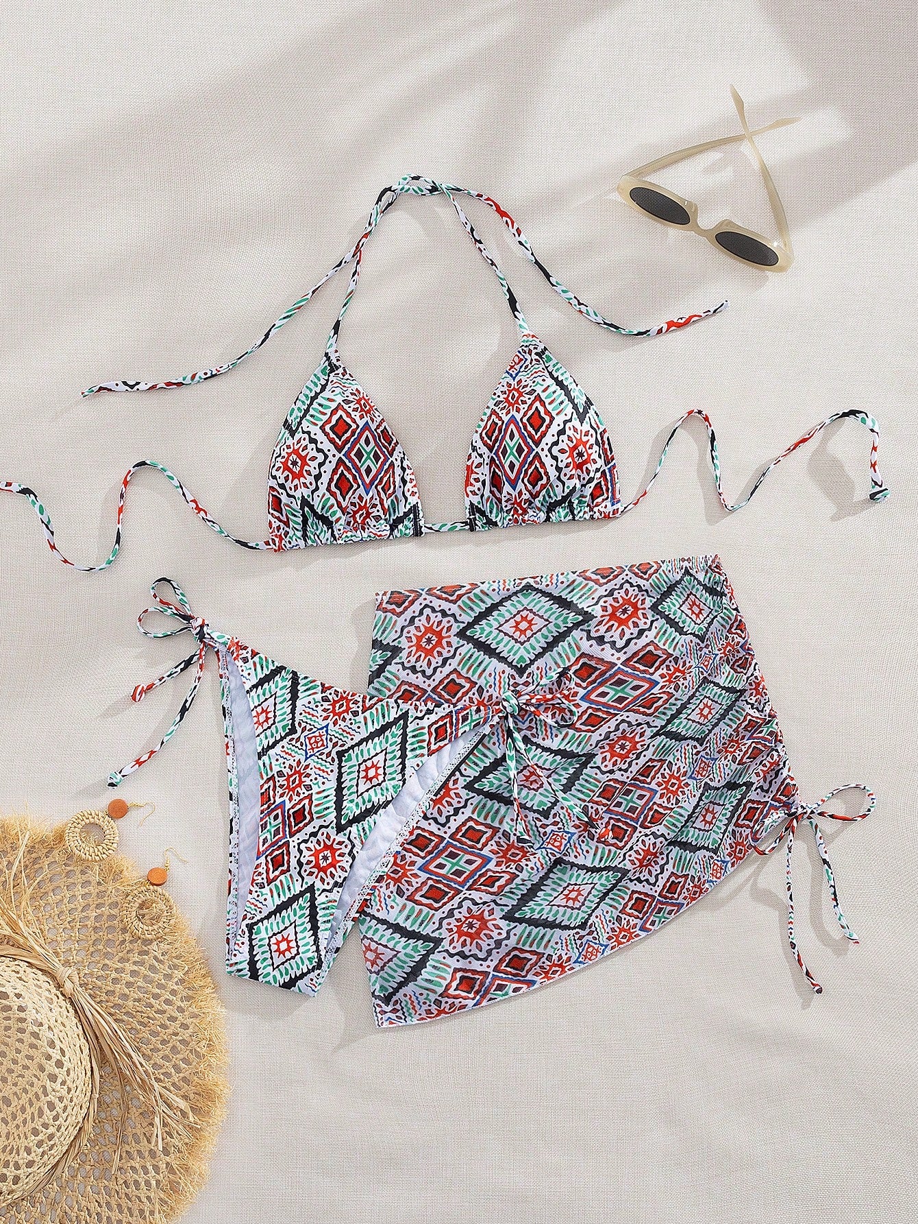 Swim Summer Beach Fluid Print Bikini Set Halter Triangle Bra Top & Tie Side Bikini Bottom & Beach Skirt 3 Piece Bathing Suit