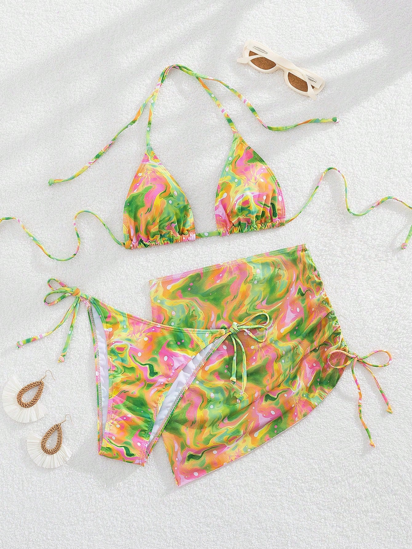 Swim Summer Beach Fluid Print Bikini Set Halter Triangle Bra Top & Tie Side Bikini Bottom & Beach Skirt 3 Piece Bathing Suit