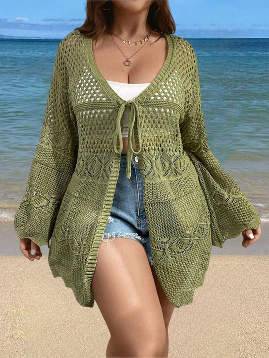 Plus Size Women Fashionable Solid Color Hollow Out Long Sleeve Cardigan