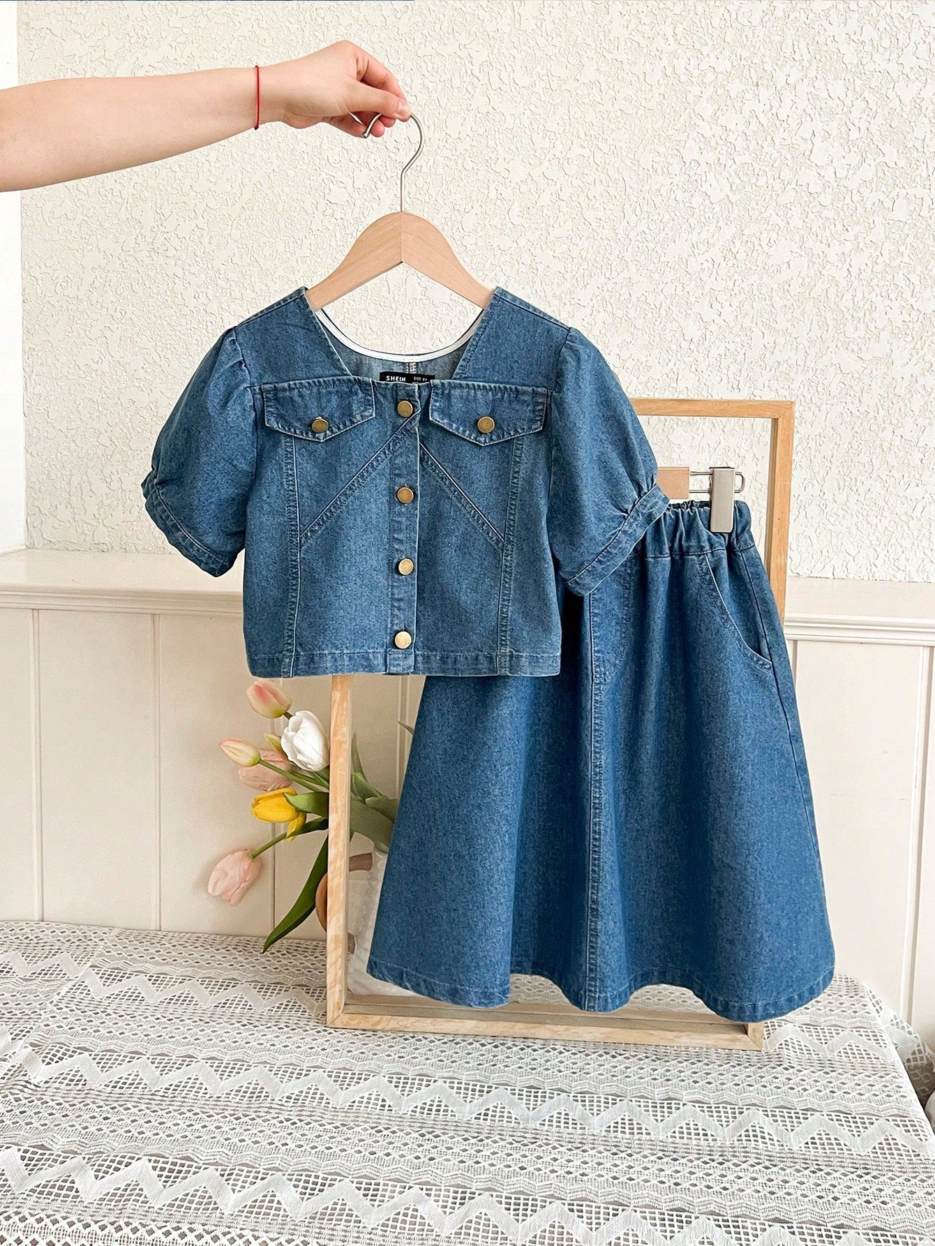 Tween Girl Solid Color Simple Daily Denim Outfit Set