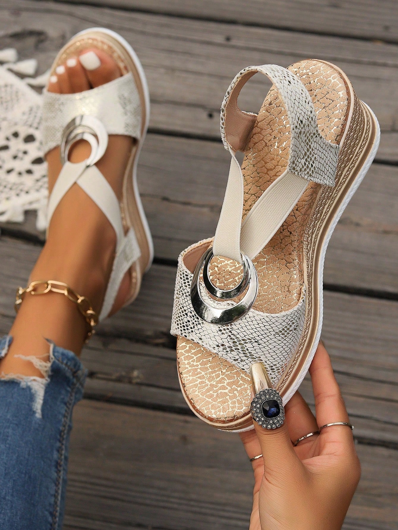 New Summer Casual Wedge Sandals For Women With Thick Sole, Metallic Buckle Decoration, Flax Rope-Like Straps, And Elastic Band Open Toe Sandals