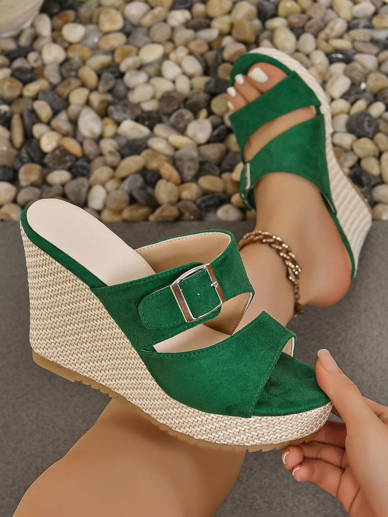 European And American Style Women Shoes 2024 Summer New Arrival High Heel Wedge Sandals With Thick Waterproof Platform, Buckle Strap, Open Toe And Metal Ring Decor