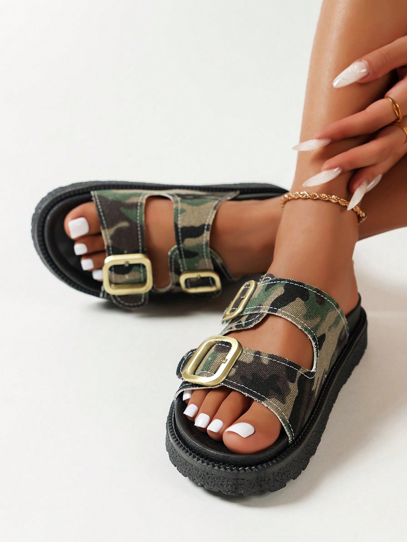 Women's Buckle Decorated Platform Sandals, Comfortable And Versatile For Summer