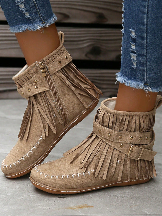 Women's Round Toe Fringe Rivets Side Zipper Flat Fashion Boots