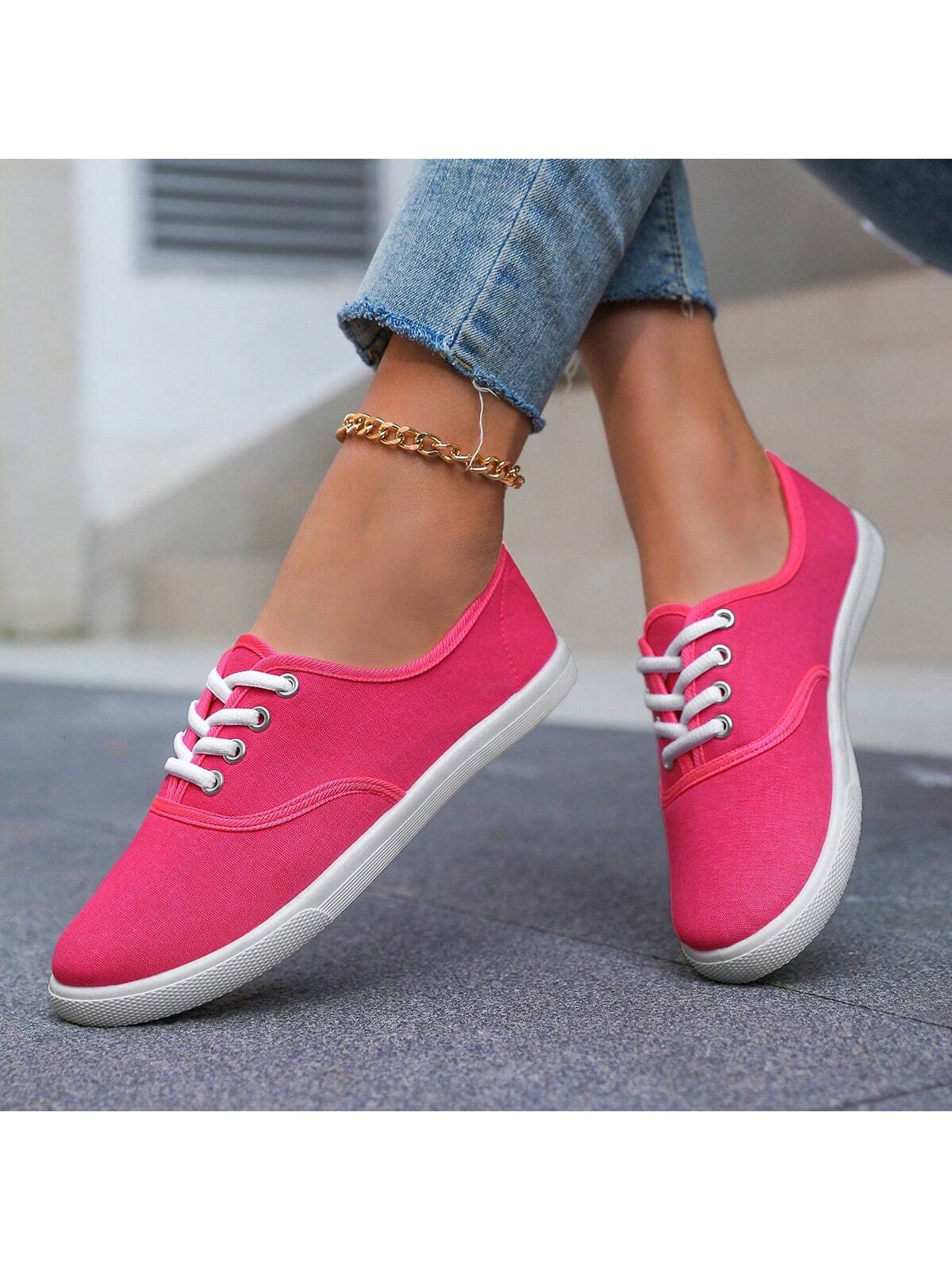 Women's Solid Color Canvas Flat Shoes, Round Toe Breathable Lace-Up Slip Resistant Shoes, Lady's Classic Canvas Flat Shoes, Solid Color Lace-Up Low-Cut Casual Shoes, Comfy Women's Footwear