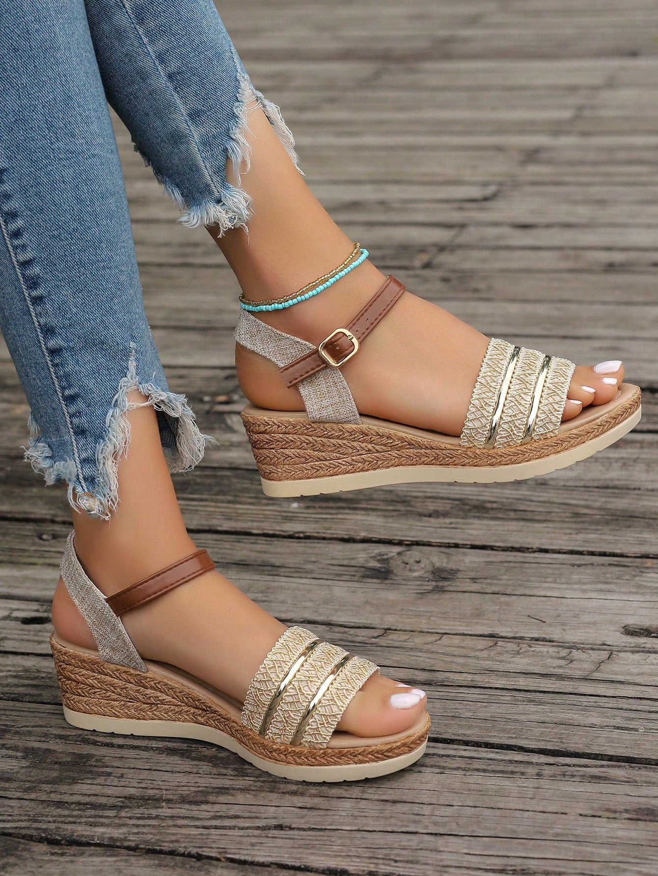 2024 New Summer Women Wedge Heel Waterproof Non-Slip Sandals With Fashionable Chunky Heel One-Strap Buckle High Heels For Outdoor Use